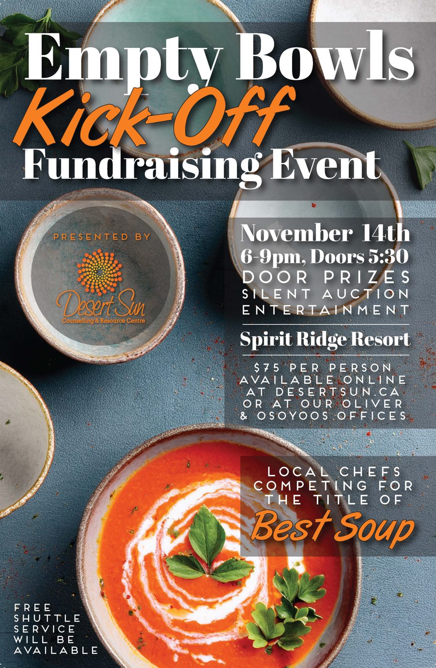 Empty Bowls Kick-Off Fundraising Event poster: November 14th, 6-9pm, doors 5:30, at Spirit Ridge Resort. $75 per person.